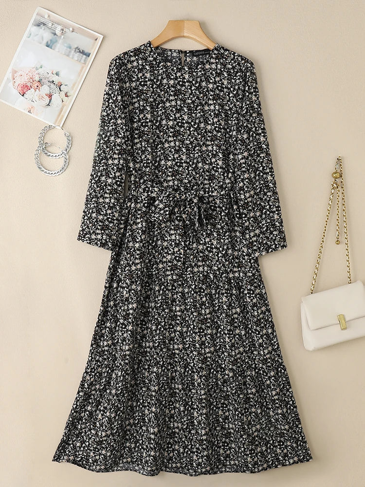 ZANZEA Muslim Women Ditsy Floral Tiered Maxi Dress Hijabis Modest Elegant Tie-Waist A-line Vestidos Long Sleeve Islamic Abaya
