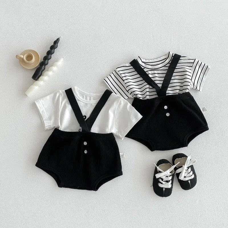 ZOETOPKID Newborn Solid Overalls Boy Girl Infant Casual Striped Short Sleeves T-shirt Baby Cotton Summer Clothe Set