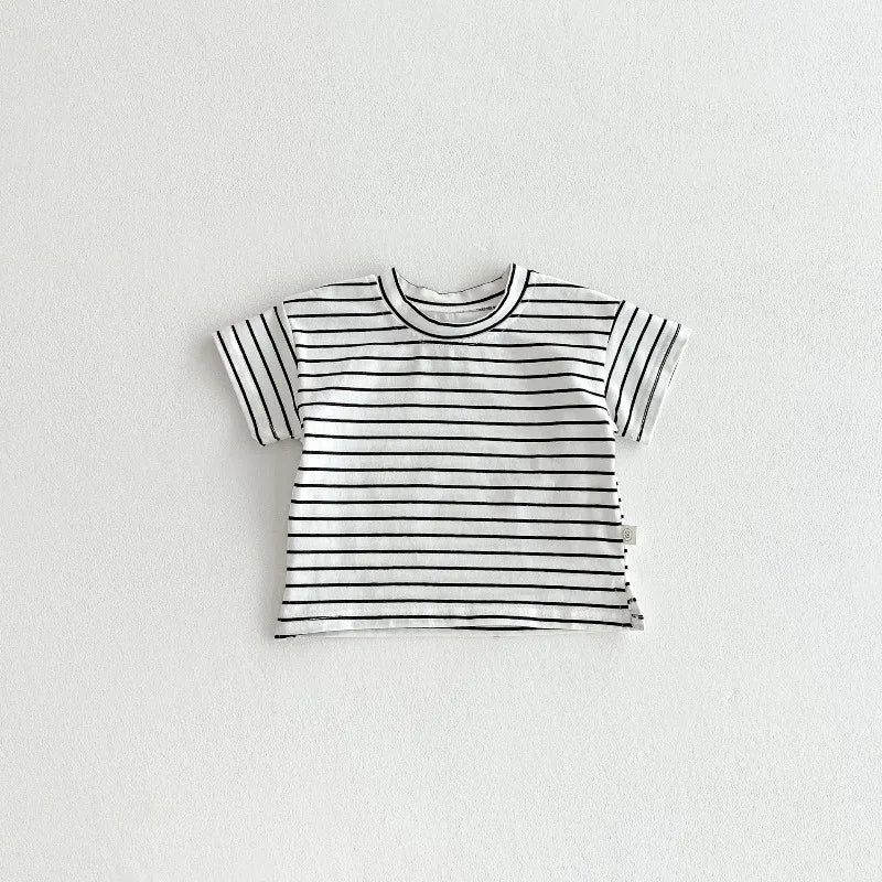 ZOETOPKID Newborn Solid Overalls Boy Girl Infant Casual Striped Short Sleeves T-shirt Baby Cotton Summer Clothe Set