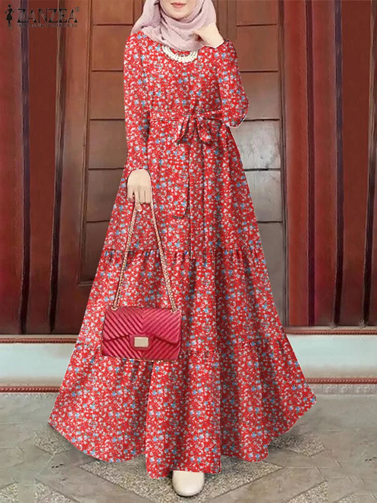 ZANZEA Muslim Women Ditsy Floral Tiered Maxi Dress Hijabis Modest Elegant Tie-Waist A-line Vestidos Long Sleeve Islamic Abaya