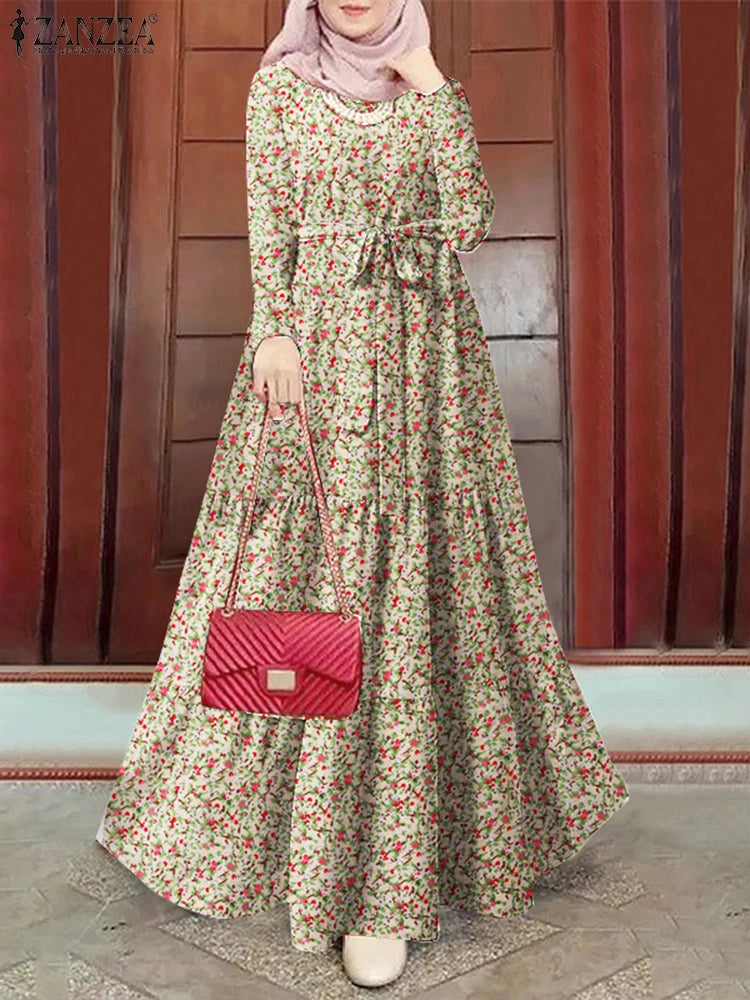 ZANZEA Muslim Women Ditsy Floral Tiered Maxi Dress Hijabis Modest Elegant Tie-Waist A-line Vestidos Long Sleeve Islamic Abaya