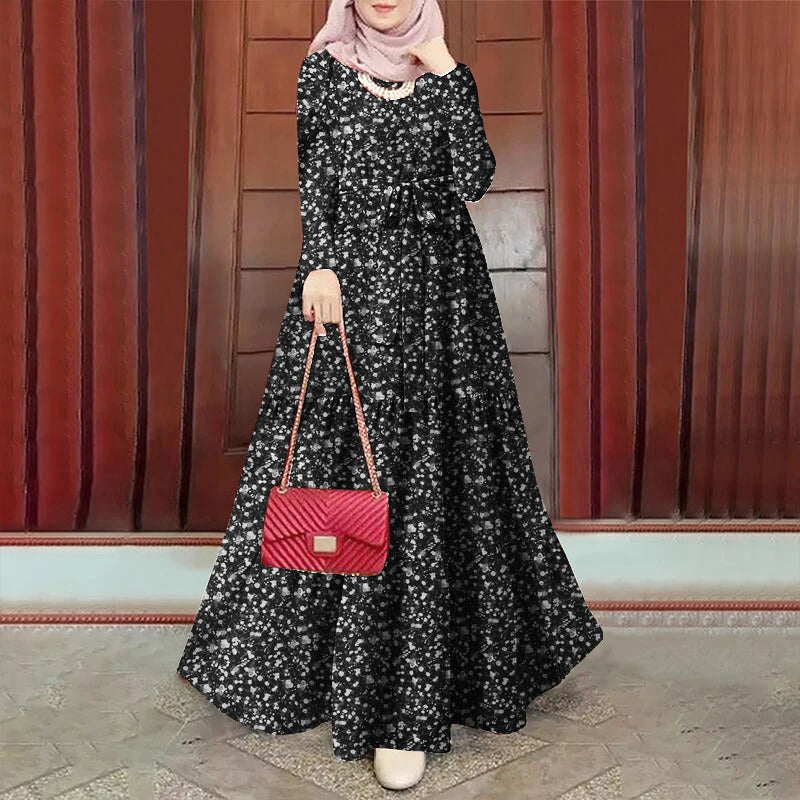 ZANZEA Muslim Women Ditsy Floral Tiered Maxi Dress Hijabis Modest Elegant Tie-Waist A-line Vestidos Long Sleeve Islamic Abaya