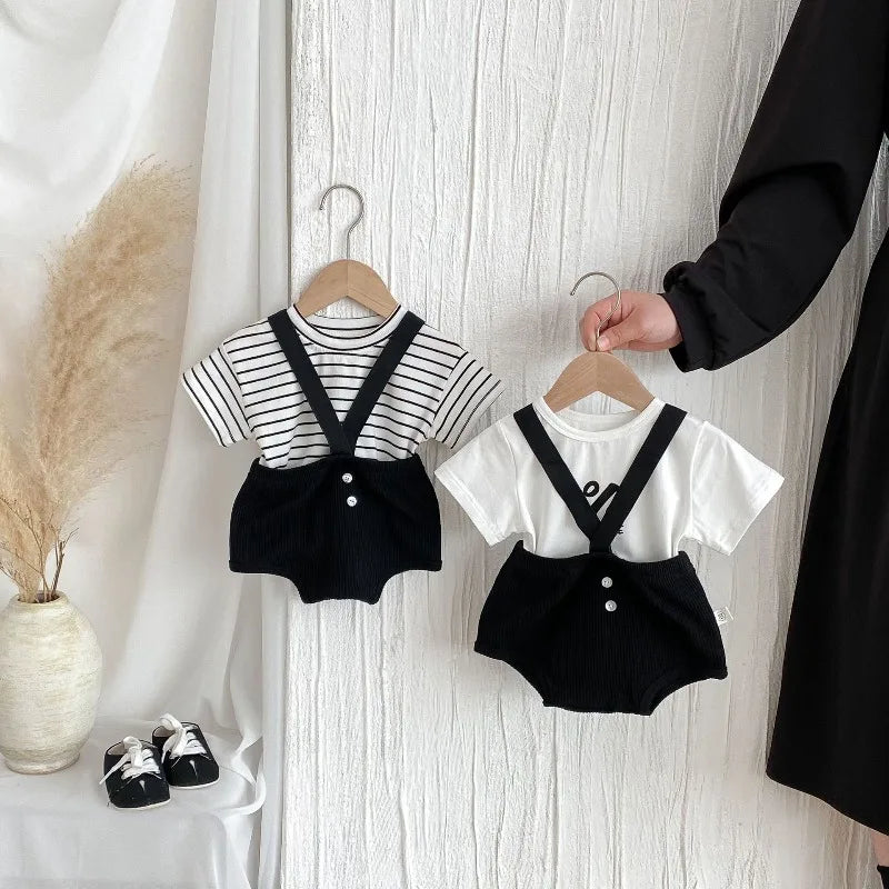 ZOETOPKID Newborn Solid Overalls Boy Girl Infant Casual Striped Short Sleeves T-shirt Baby Cotton Summer Clothe Set