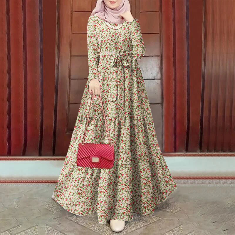 ZANZEA Muslim Women Ditsy Floral Tiered Maxi Dress Hijabis Modest Elegant Tie-Waist A-line Vestidos Long Sleeve Islamic Abaya