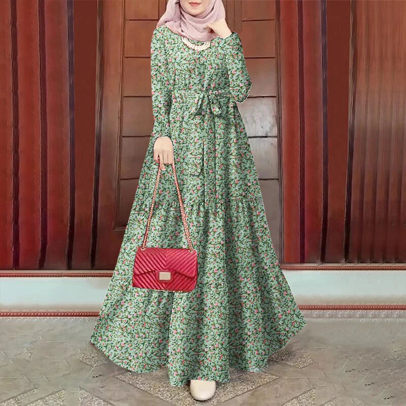 ZANZEA Muslim Women Ditsy Floral Tiered Maxi Dress Hijabis Modest Elegant Tie-Waist A-line Vestidos Long Sleeve Islamic Abaya