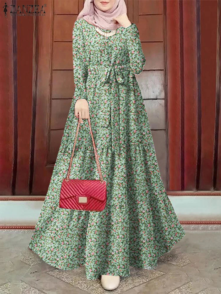 ZANZEA Muslim Women Ditsy Floral Tiered Maxi Dress Hijabis Modest Elegant Tie-Waist A-line Vestidos Long Sleeve Islamic Abaya