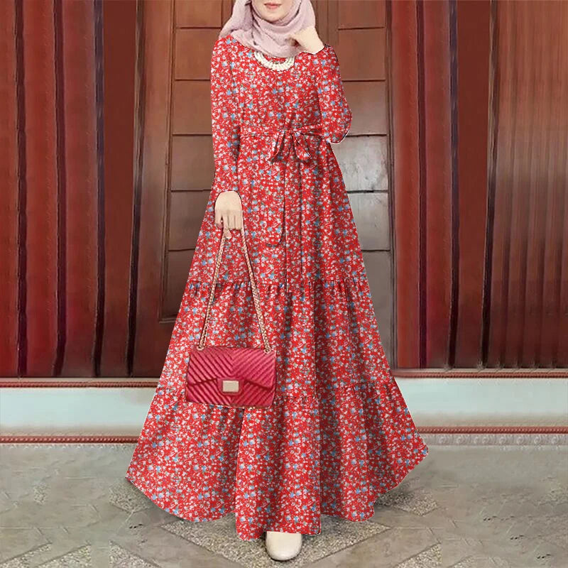 ZANZEA Muslim Women Ditsy Floral Tiered Maxi Dress Hijabis Modest Elegant Tie-Waist A-line Vestidos Long Sleeve Islamic Abaya